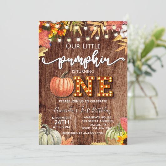 Herfst Pumpkin Rustic First Birthday Uitnodiging (Staand voorkant)