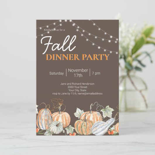 Herfst Pumpkin String Light Dinner Party Kaart (Staand voorkant)