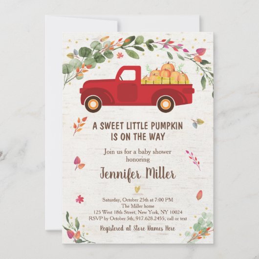 Herfst Pumpkin Truck Baby shower Uitnodiging (Voorkant)