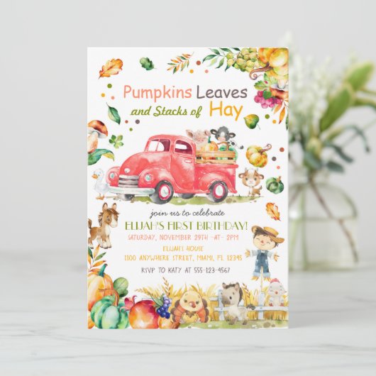 Herfst Pumpkin Truck Birthday Uitnodiging (Staand voorkant)