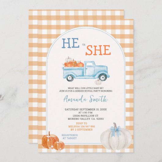 Herfst Pumpkin Truck Geslacht Onthulling Uitnodige Kaart (Voorkant / Achterkant)