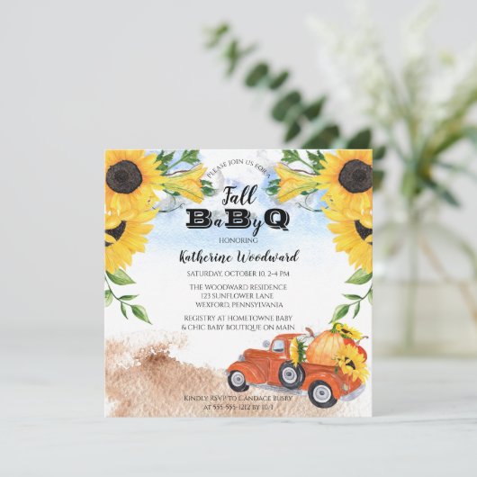 Herfst Pumpkin Truck | Zonnebloemen Baby BBQ-douch Kaart (Staand voorkant)