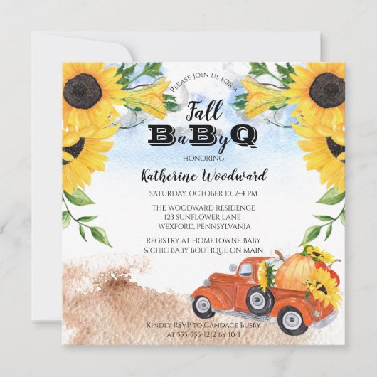 Herfst Pumpkin Truck | Zonnebloemen Baby BBQ-douch Kaart (Voorkant)