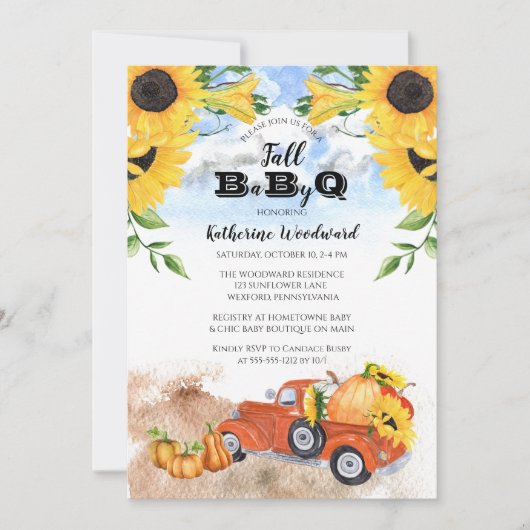 Herfst Pumpkin Truck | Zonnebloemen Baby BBQ Showe Kaart (Voorkant)
