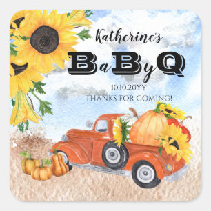 Herfst Pumpkin Truck Zonnebloemen Baby BBQ Showe Vierkante Sticker