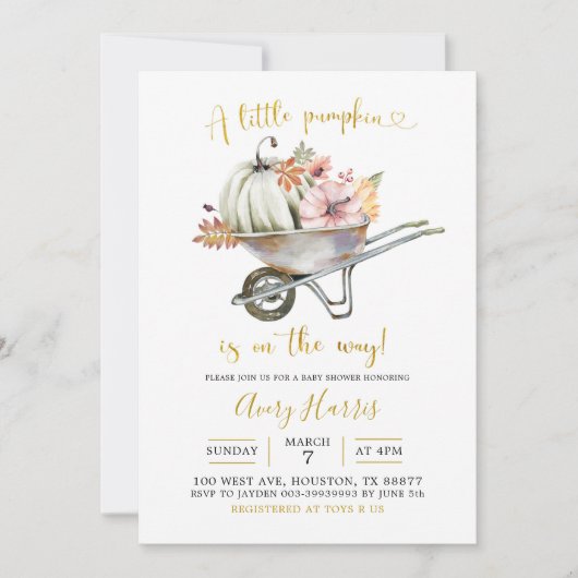 Herfst Pumpkin Wheelbarrow Baby shower Invitation Kaart (Voorkant)