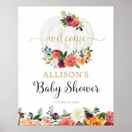 Herfst pumpkins burgundy floral baby shower welkom poster
