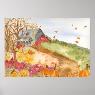 Herfst Pumpkins Country Home Waterverf Landschap Poster