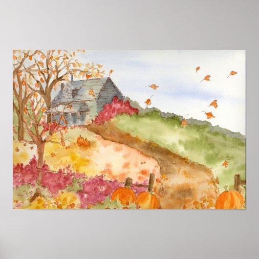 Herfst Pumpkins Country Home Waterverf Landschap Poster (Voorkant)