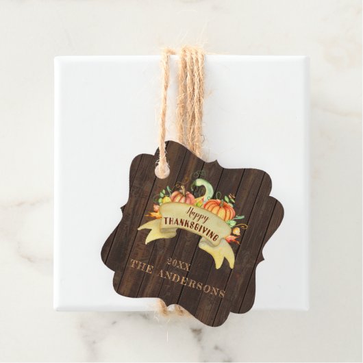 Herfst Pumpkins Leaves Wood Happy Thanksgiving Bedankjes Labels (In situ)