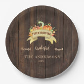 Herfst Pumpkins Leaves Wood Happy Thanksgiving Papieren Bordje (Voorkant)