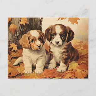 Herfst puppies en esdoornbladeren, briefkaart