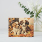 Herfst puppies en esdoornbladeren, briefkaart (Staand voorkant)