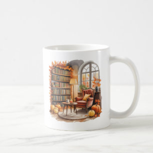 Herfst raam leesmok — knusse stoel & boeken koffiemok