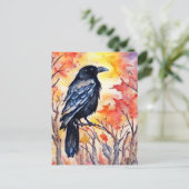 Herfst Raven Waterverf herfstbladeren zwarte vogel Briefkaart (Staand voorkant)