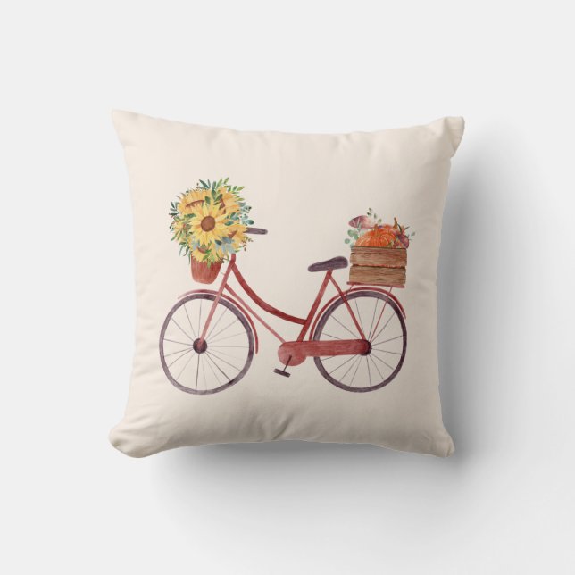 Herfst.  Red Bike met pompoenen en zonnebloemen  Kussen (Voorkant)
