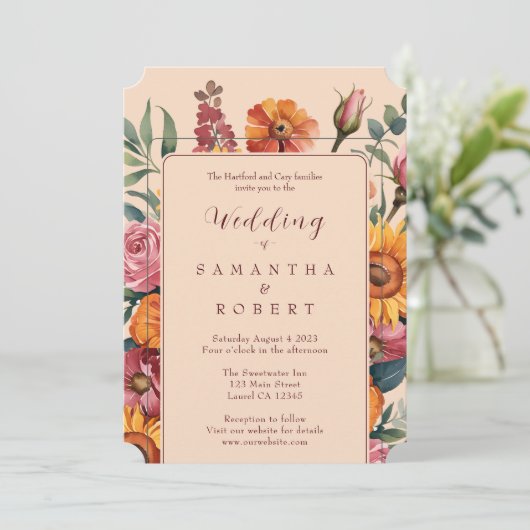 Herfst Reds Golds Bloemen Border Fall Wedding Kaart (Staand voorkant)