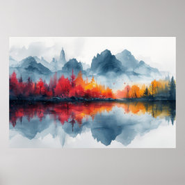 Herfst Reflecties: Misty Lake Panorama Poster