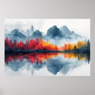 Herfst Reflecties: Misty Lake Panorama Poster