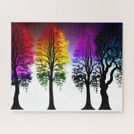 Herfst Regenboog Foliage op Zwarte Silhouet Bomen Legpuzzel