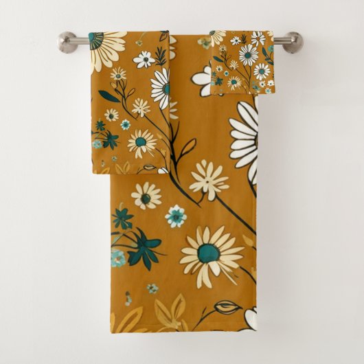 Herfst Retro Boho Mosterd Bloemen Patroon Bad Handdoek (Insitu)