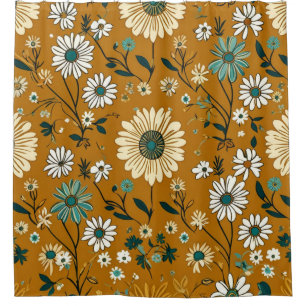 Herfst Retro Boho Mosterd Bloemen Patroon Douchegordijn