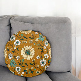 Herfst Retro Boho Mosterd Bloemen Patroon Rond Kussen
