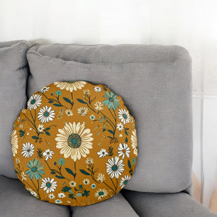 Herfst Retro Boho Mosterd Bloemen Patroon Rond Kussen