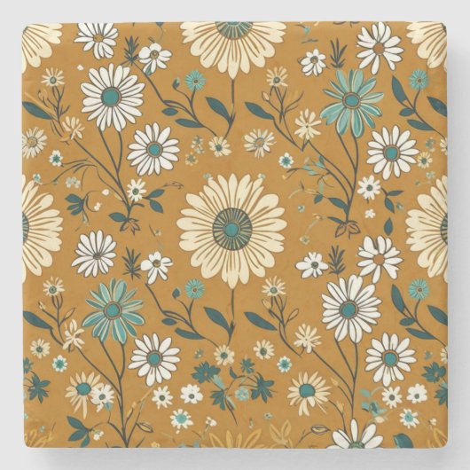 Herfst Retro Boho Mosterd Bloemen Patroon Stenen Onderzetter (Voorkant)