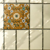 Herfst Retro Boho Mosterd Bloemen Patroon Tegeltje