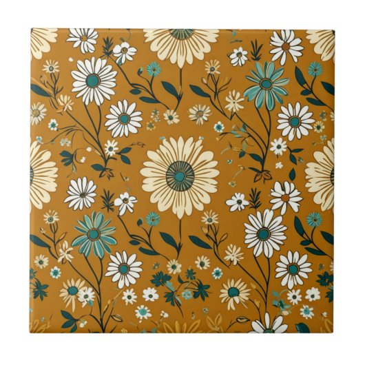 Herfst Retro Boho Mosterd Bloemen Patroon Tegeltje (Voorkant)