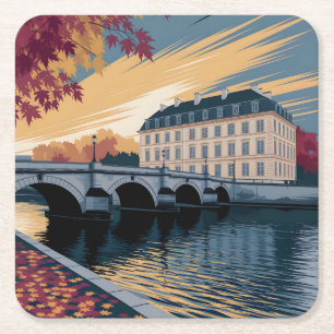 Herfst Rivier Europees Stadsillustratie Kunst Kartonnen Onderzetters