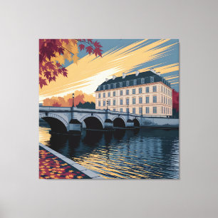 Herfst Rivier Europese Stadsillustratie Kunst Canvas Afdruk