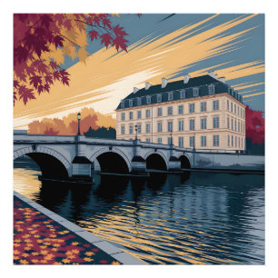 Herfst Rivier Europese Stadsillustratie Kunst Foto Afdruk