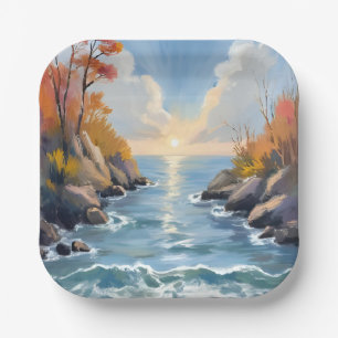 Herfst Rivier Zonlicht Landschap Aquarel Papieren Bordje