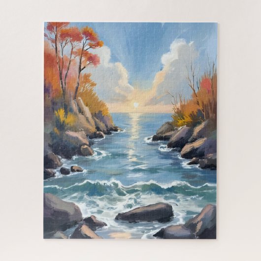Herfst Rivier Zonlicht Vallei Landschap Aquarel Legpuzzel (Verticaal)