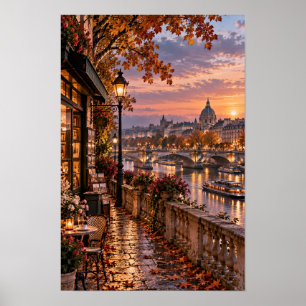 Herfst Rivierkant Europese Stad Zonsondergang Muur Poster