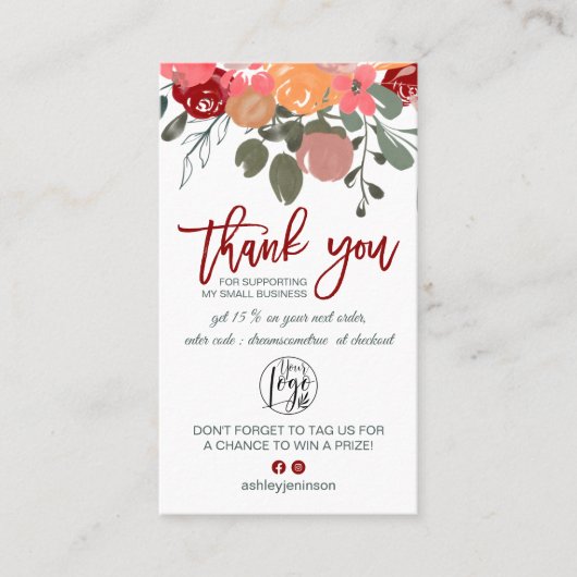 Herfst rode florale waterverf logo dank u visitekaartje (Voorkant)