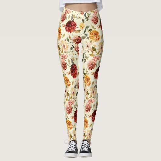 Herfst Rode Gele Roze Bloemen Leggings (Voorkant)