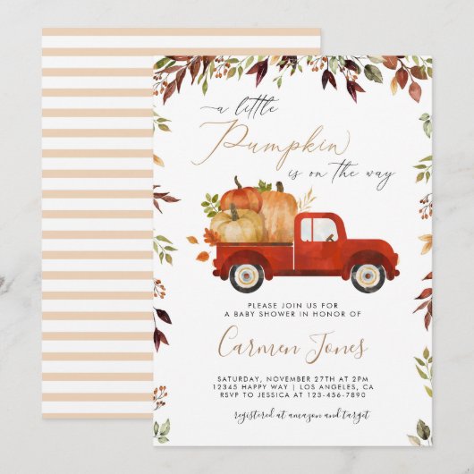 Herfst Rode Pompoen Vrachtwagen Baby shower Uitnod Kaart (Voorkant / Achterkant)
