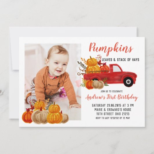 Herfst Rode Truck Pompoen Verjaardag met foto Kaart (Voorkant)