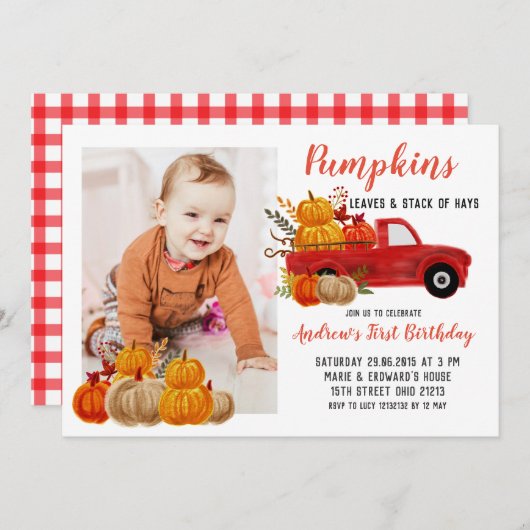 Herfst Rode Truck Pompoen Verjaardag met foto Kaart (Voorkant / Achterkant)