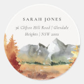 Herfst Roest Sinaasappel Bergbomen Bladerdak Adres Ronde Sticker (Voorkant)