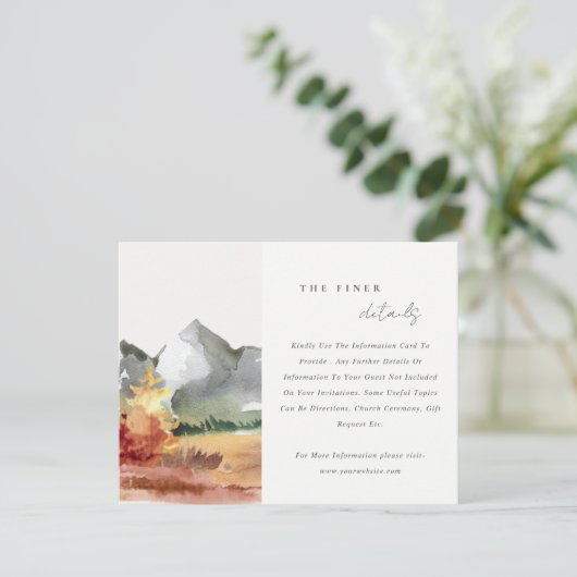 Herfst Roest Sinaasappel Bergbomen Bruiloft Detail Informatiekaartje (Staand voorkant)