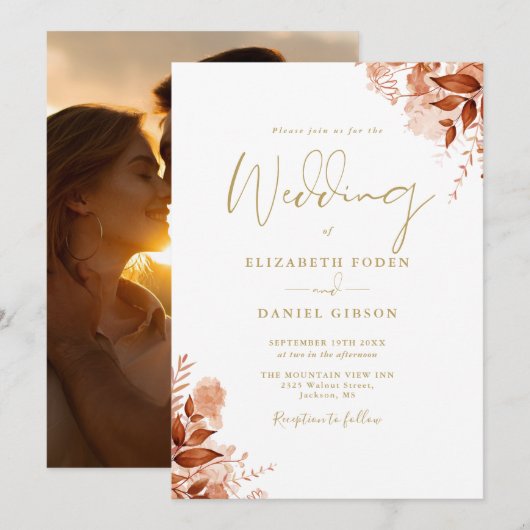 Herfst Roestige Bloem Foto Chic Gouden Trouw Kaart (Voorkant / Achterkant)