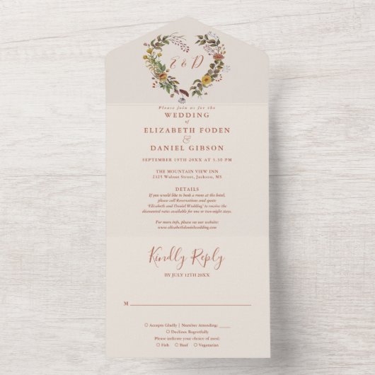 Herfst Roestige Bloemendetails RSVP Huwelijk All In One Uitnodiging (Binnen)