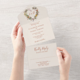 Herfst Roestige Bloemhart Trouwfeest All In One Uitnodiging