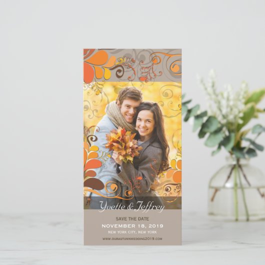 Herfst Roestige Bloemige Bladeren Bewaar De Datum Save The Date (Staand voorkant)