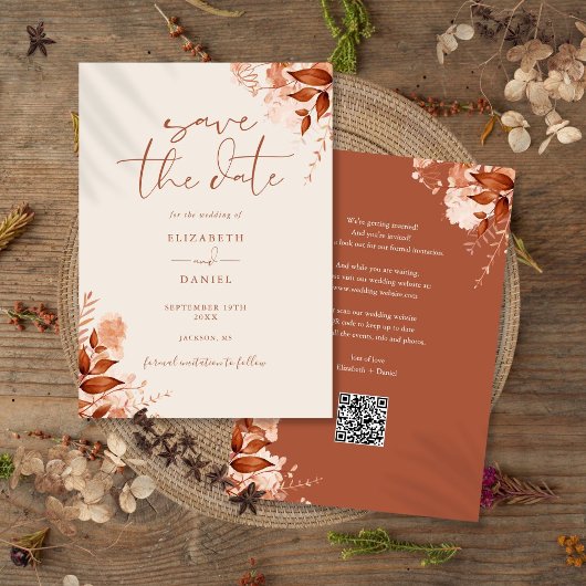 Herfst Roestige Bloemige QR Code Bruiloft Save The Date