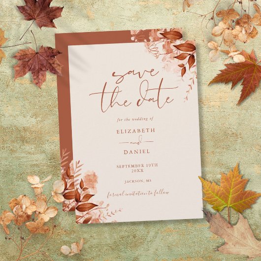 Herfst Roestige Bloemrijke Script Bruiloft Save The Date